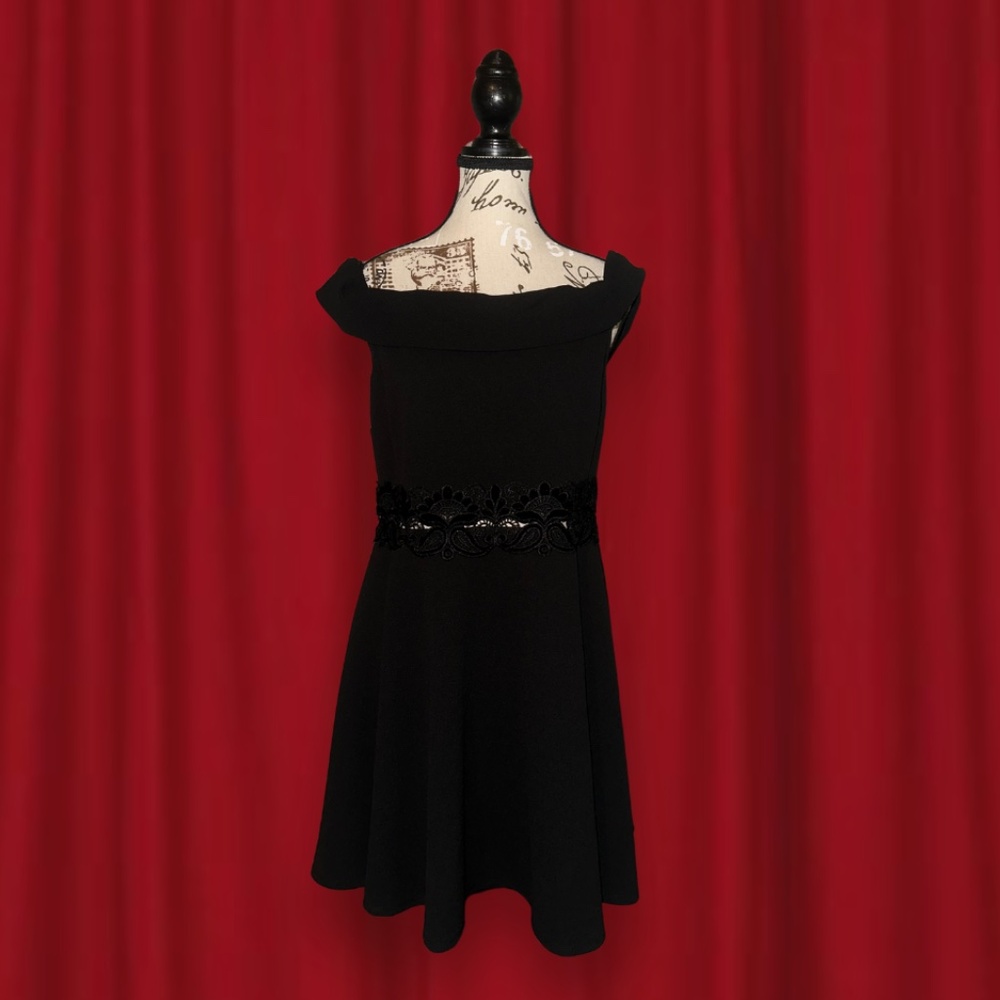 off shoulder black mini dress with lace detail